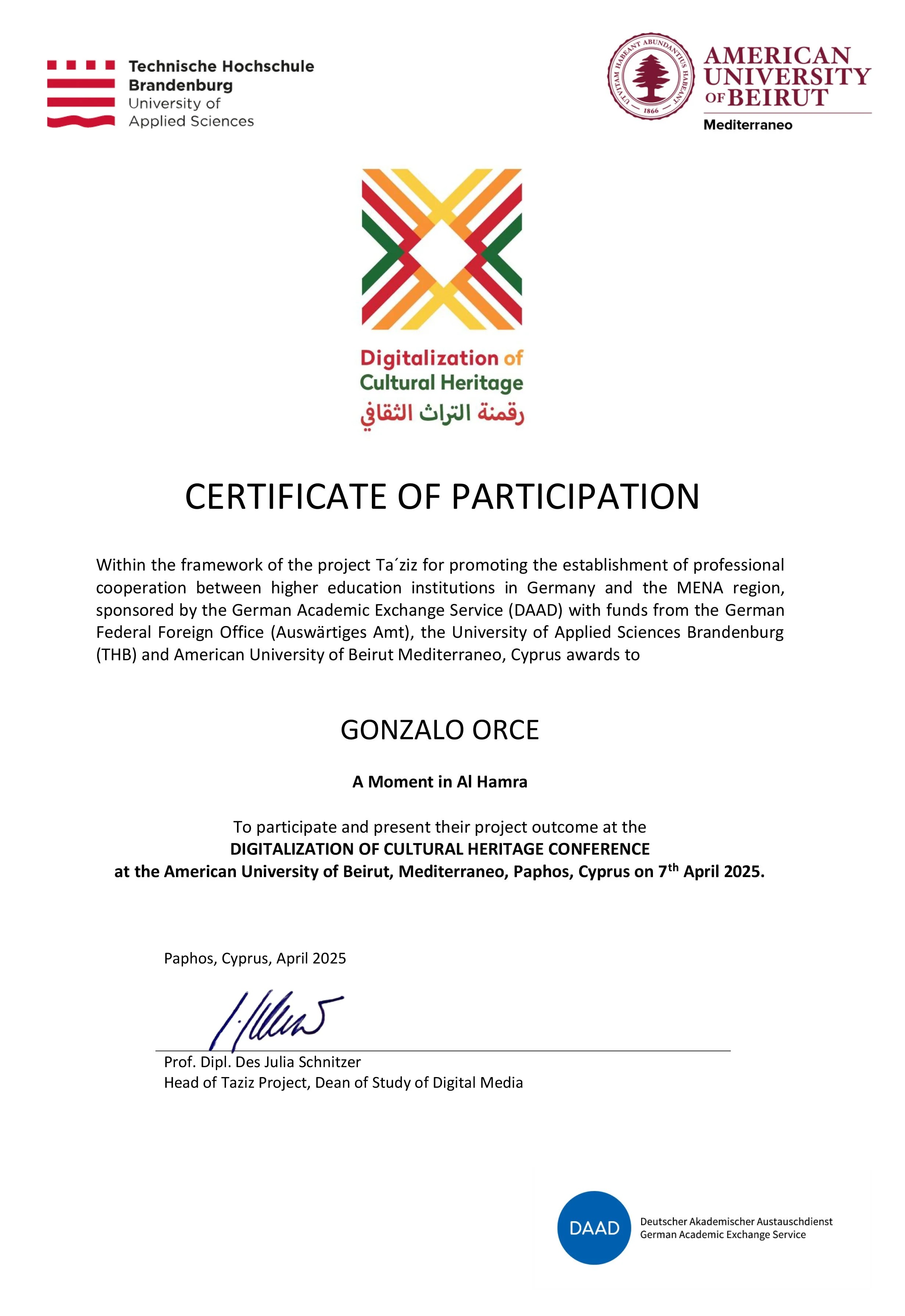 Al Hamra - Cyprus Conference Certificate 2025