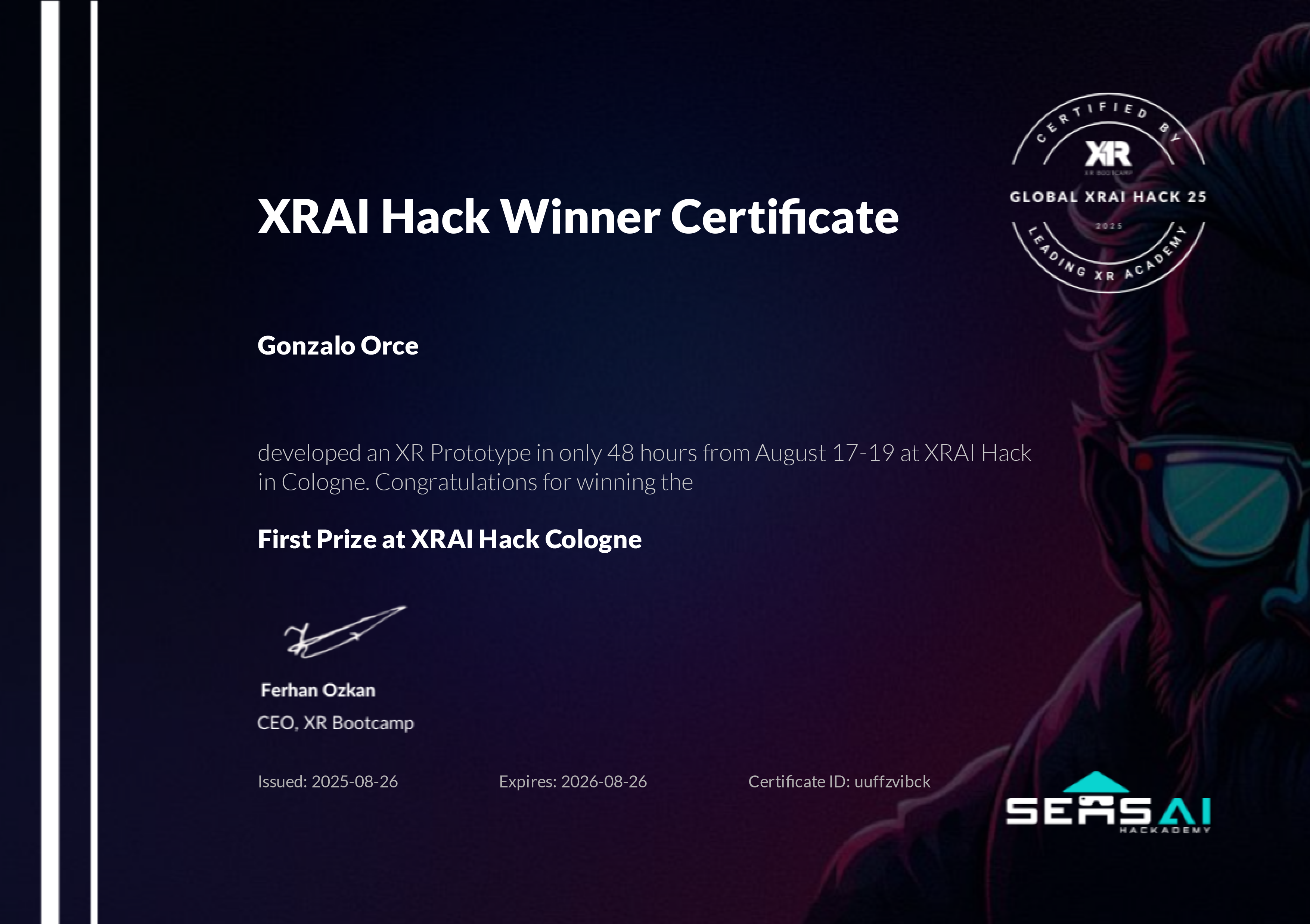 XR/AI Hack Cologne 2025 — Winner Certificate