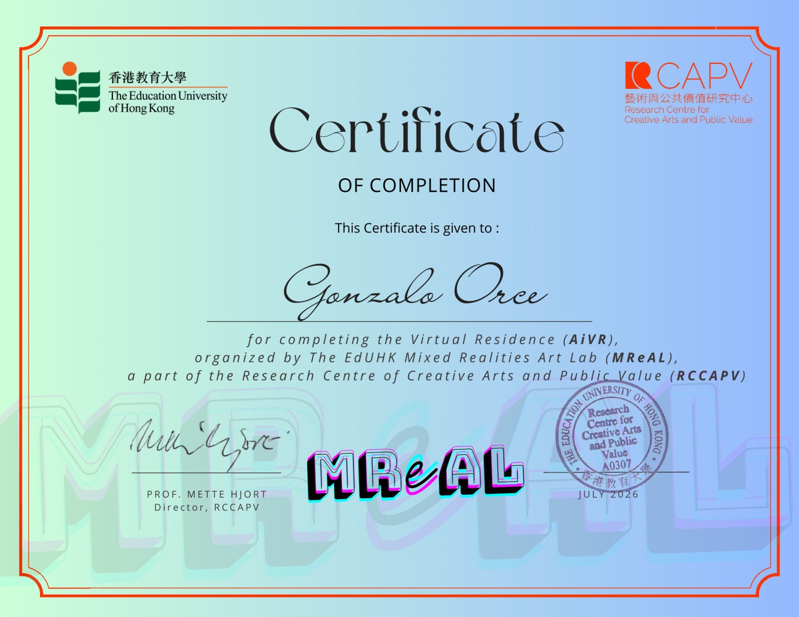 MReAL Certificate of Completion - Virtual Residence (AiVR), The Education University of Hong Kong